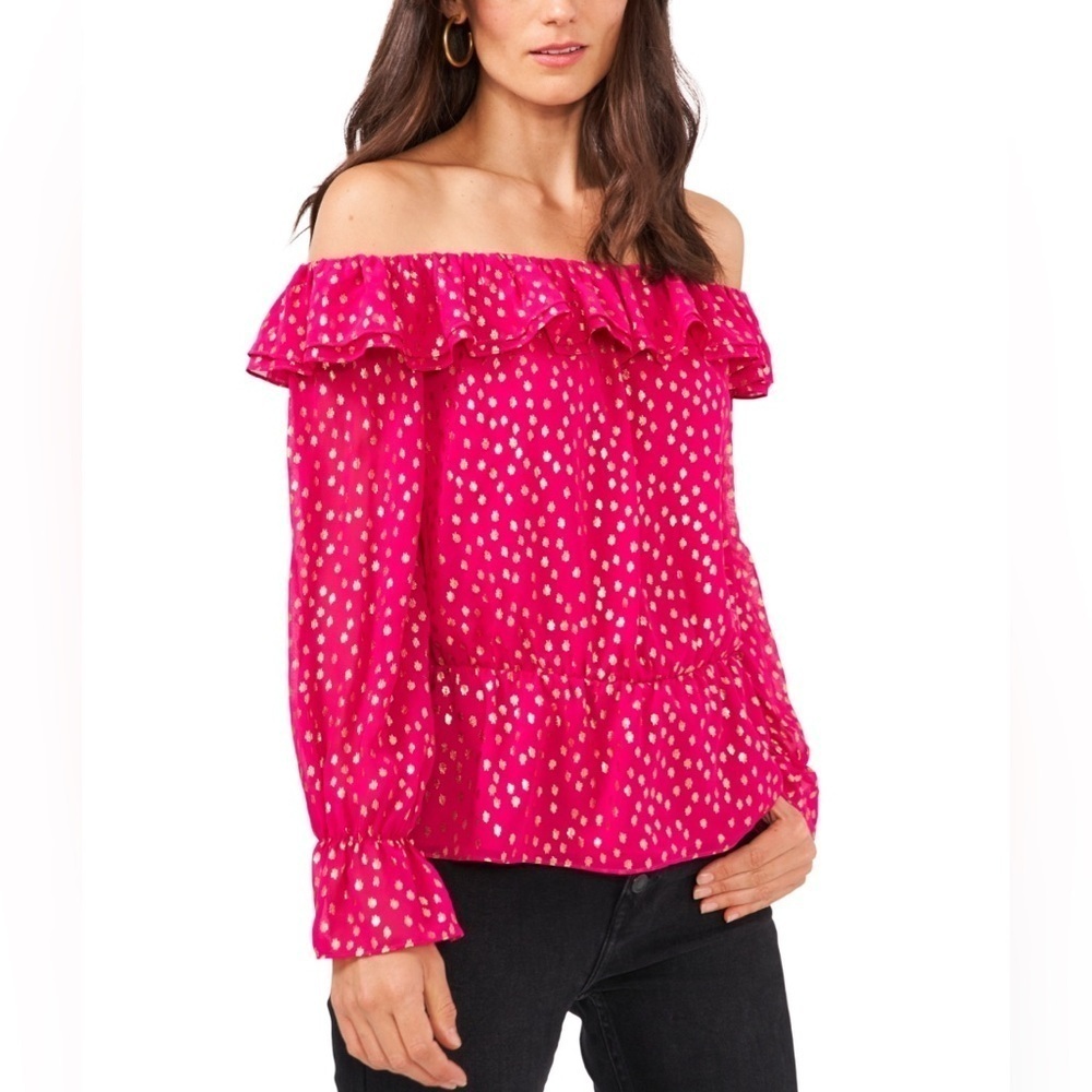 VINCE CAMUTO Off The Shoulder Ruffle Top blouse magenta pink balloon sleeves